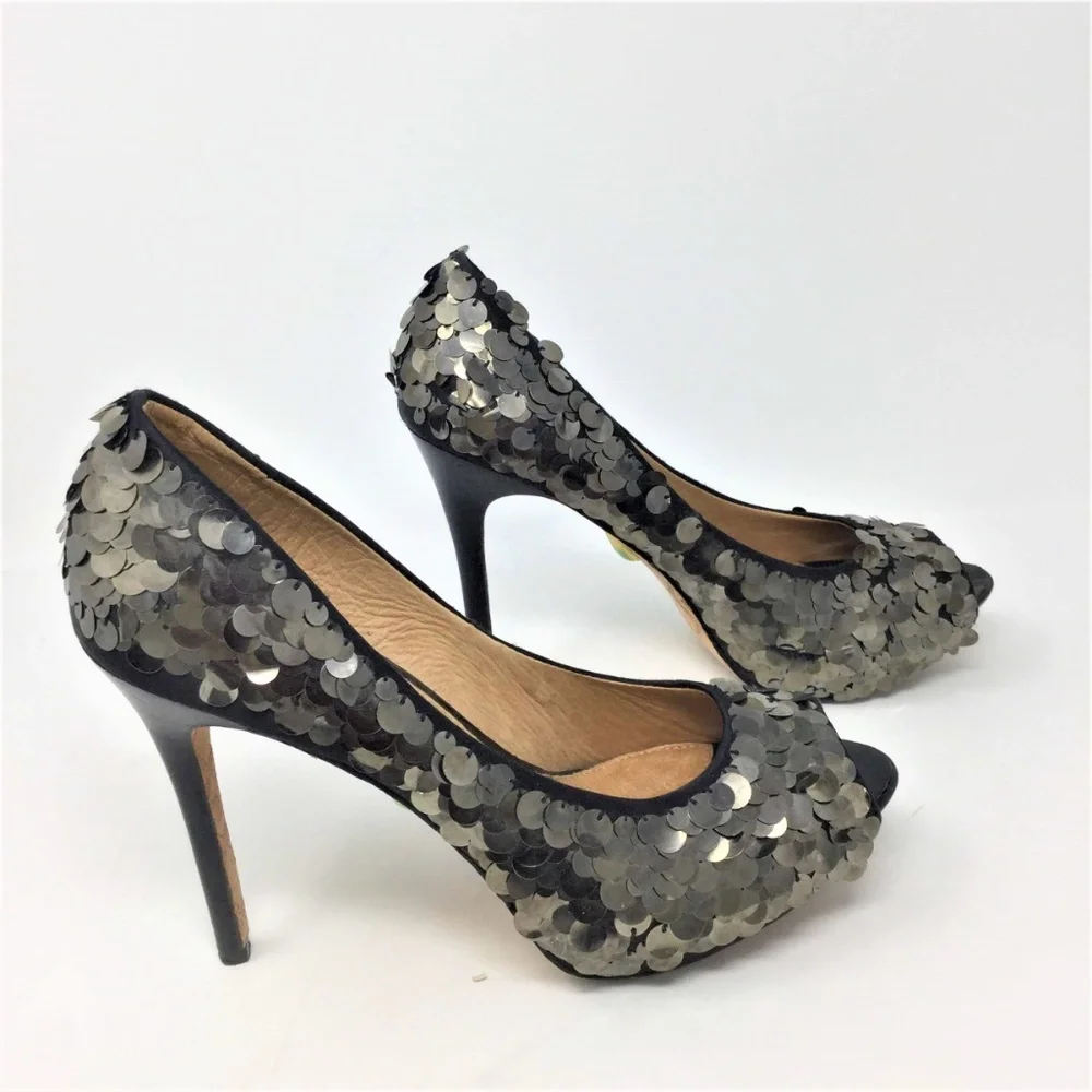 LAMB Sequin Heels Gold Peep Toe Platform Pumps 8.5